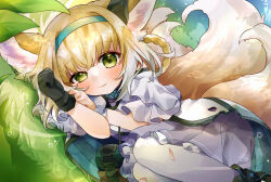 Rule 34 | 1girl, animal ear fluff, animal ears, arknights, black footwear, black gloves, blonde hair, blue hairband, blush, braid, braided hair rings, burnt clothes, closed mouth, clothing cutout, dress, earpiece, fox ears, fox girl, fox tail, gloves, green eyes, hairband, highres, infection monitor (arknights), kitsune, kyuubi, looking at viewer, lying, multicolored hair, multiple tails, on side, pantyhose, purple dress, short hair, shoulder cutout, single glove, solo, suzuran (arknights), tail, takumi mizuki, torn clothes, twin braids, two-tone hair, white hair, white pantyhose