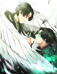 Rule 34 | 2boys, absurdres, angel wings, aqua eyes, black feathers, black hair, black jacket, black shirt, black wings, commentary request, death, dual persona, feathers, glowing, green shirt, highres, igarashi daiji, jacket, kagero (kamen rider revice), kamen rider, kamen rider revice, male focus, multiple boys, shirt, smile, spoilers, two-tone wings, white wings, wing genome, wings, yellow eyes, yukishiro1129