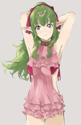 Rule 34 | 1girl, armpits, arms up, closed mouth, cosplay, fire emblem, fire emblem: mystery of the emblem, fire emblem awakening, fire emblem heroes, green eyes, green hair, grey background, hair ribbon, highres, long hair, nintendo, pink one-piece swimsuit, pointy ears, ponytail, ribbon, sakuremi, simple background, smile, solo, swimsuit, tiara, tiki (adult) (fire emblem), tiki (fire emblem), tiki (fire emblem) (cosplay), tiki (young) (fire emblem)