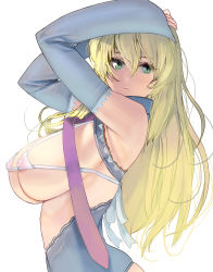 Rule 34 | 1girl, absurdres, armpits, bare shoulders, bikini, bikini top only, blonde hair, breasts, commentary request, corset, covered erect nipples, cowboy shot, curvy, detached sleeves, from side, green eyes, hair between eyes, highres, kouno (masao), large breasts, long hair, looking at viewer, micro bikini, micro bikini top, original, parted lips, sideboob, solo, swimsuit
