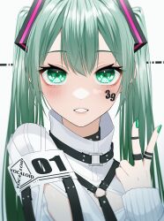 Rule 34 | 1girl, 39, armband, blush, chest harness, cleavage cutout, clothing cutout, copyright name, dotted line, facial mark, green eyes, green hair, grin, hair ornament, harness, hatsune miku, high collar, highres, long hair, looking at viewer, nail polish, smile, solo, twintails, upper body, v, vocaloid, wanko (yurika0320)