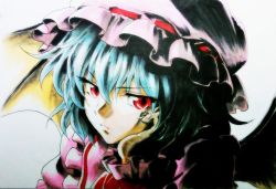 Rule 34 | 1girl, ballpoint pen (medium), bat wings, beluo77, blue hair, hat, marker (medium), md5 mismatch, mob cap, portrait, puffy sleeves, red eyes, remilia scarlet, resized, short sleeves, simple background, solo, touhou, traditional media, wings, wrist cuffs