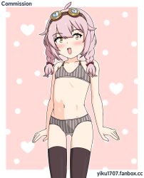 Rule 34 | 1girl, absurdres, ace taffy, ahoge, artist name, blush, blush stickers, bow, bra, braid, brown bra, brown panties, commission, goggles, goggles on head, heart, heart-shaped eyewear, highres, indie virtual youtuber, knee up, knees up, looking at viewer, nose, open mouth, panties, purple hair, ribbon, short hair, simple background, striped clothes, striped panties, thighhighs, thighs, twin braids, underwear, underwear only, virtual youtuber, watermark, yellow eyes, yiku1707