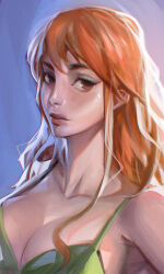 Rule 34 | 1girl, breasts, brown eyes, cleavage, closed mouth, collarbone, highres, large breasts, long hair, looking at viewer, nami (one piece), one piece, orange hair, solo, stnpnk, upper body