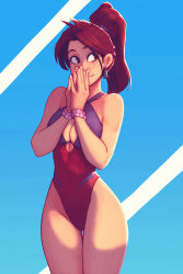 Rule 34 | 1girl, absurdres, breasts, cleavage, cleavage cutout, clothing cutout, covering face, earrings, freckles, highres, jewelry, looking to the side, original, own hands together, ponytail, raichiyo33, red hair, solo, swimsuit