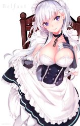 Rule 34 | 1girl, artist name, azur lane, belfast (azur lane), black gloves, blue eyes, breasts, character name, cleavage, collar, corset, dress, frills, gauntlets, gloves, half updo, hand on own chest, haruka natsuki, head tilt, large breasts, long hair, looking at viewer, maid headdress, open mouth, signature, silver hair, skirt, skirt hold, sleeveless, solo, white skirt