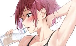 Rule 34 | 1girl, arm up, armpits, bikini, blush, bottle, brown eyes, collarbone, from side, highres, holding, holding bottle, izawa (bhive003), open mouth, original, red hair, short hair, simple background, solo, swimsuit, teeth, tongue, water bottle, white background