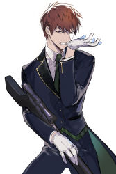 Rule 34 | 1boy, absurdres, adjusting clothes, adjusting gloves, arafune tetsuji, biting, biting clothes, black jacket, brown hair, clenched teeth, collared shirt, cowboy shot, formal, gloves, green necktie, green vest, gun, hand up, highres, holding, holding gun, holding weapon, jacket, lapels, long sleeves, looking at viewer, male focus, mnmnwtsn, necktie, no headwear, red hair, rifle, shirt, short hair, simple background, sniper rifle, solo, tailcoat, teeth, vest, weapon, white background, white gloves, white shirt, world trigger