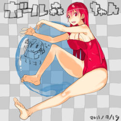 Rule 34 | 1girl, bad hands, barefoot, breast press, breasts, checkered background, feet, huge breasts, legs, long hair, looking at viewer, mori hikiko, one-piece swimsuit, original, red eyes, red hair, red one-piece swimsuit, smile, solo, swimsuit, takayama toshinori, thighs