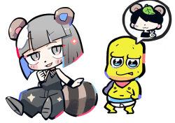 Rule 34 | 1boy, 1girl, animal ears, bare arms, bare shoulders, black choker, black hair, black pants, black shirt, black tank top, black wristband, blunt bangs, blunt ends, blush stickers, character request, choker, clenched hand, commentary request, copyright request, diaper, double-parted bangs, eyelashes, fishnets, full body, grey eyes, grey footwear, grey hair, leaf, leaf on head, looking at viewer, nipples, no eyes, open mouth, pants, puffy pants, raccoon ears, raccoon tail, shirt, shoes, short hair, simple background, sitting, slit pupils, smile, sparkle, spoken character, tail, tank top, terada tera, v, v-neck, white background