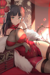 Rule 34 | 1girl, 7lark, arm support, bare shoulders, black gloves, black hair, black thighhighs, blunt bangs, blush, box, breasts, bun cover, china dress, chinese clothes, cleavage, closed mouth, double bun, dress, elbow gloves, flower, frills, gloves, green eyes, hair bun, halter dress, halterneck, highres, impossible clothes, impossible dress, large breasts, long hair, looking at viewer, lying, on side, original, pelvic curtain, pink flower, red dress, shawl, sleeveless, sleeveless dress, solo, thighhighs, thighs
