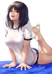 Rule 34 | 1girl, :d, arm support, bare legs, barefoot, black hair, blue buruma, bralines, breasts, buruma, dated, feet up, fingernails, gym shirt, hera (lioreo), large breasts, lioreo, looking at viewer, medium hair, open mouth, original, parted bangs, red eyes, see-through, shirt, short sleeves, signature, simple background, smile, soles, solo, teeth, upper teeth only, white background, white shirt