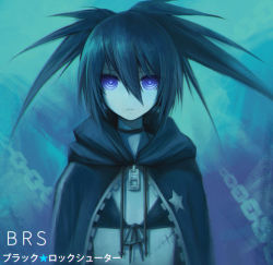 Rule 34 | 1girl, asymmetrical hair, bikini, bikini top only, black bikini, black coat, black ribbon, black rock shooter, black rock shooter (character), blue background, blue eyes, blue hair, chain, character name, closed mouth, coat, copyright name, flat chest, front-tie bikini top, front-tie top, hair between eyes, highres, hood, hood down, long hair, looking at viewer, ly (pixiv13839236), ribbon, scar, solo, spiked hair, swimsuit, twintails, upper body, zipper