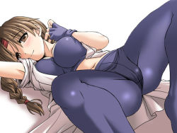 Rule 34 | 1girl, ass, blush, braid, breasts, breasts squeezed together, brown eyes, brown hair, dougi, embarrassed, gloves, headband, large breasts, long hair, lying, midriff, navel, open clothes, open shirt, pantylines, ryuuko no ken, sash, shirt, skin tight, snk, socks, solo, spandex, sports bra, spread legs, the king of fighters, tonpuu, unaligned breasts, very long hair, yuri sakazaki