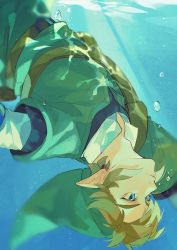 Rule 34 | 1boy, air bubble, belt, blonde hair, blue eyes, bubble, commentary, diving, earrings, expressionless, green hat, green shirt, hat, highres, jewelry, light rays, link, looking ahead, male focus, nintendo, pisu 1107, pointy ears, shirt, short hair, solo, submerged, the legend of zelda, underwater, upper body, upside-down