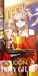 Rule 34 | 1girl, argyle clothes, argyle thighhighs, bare shoulders, blue eyes, blush, breasts, chalice, chopsticks, collarbone, commentary, cup, earrings, eating, english commentary, english text, fate/grand order, fate (series), food, highres, holding, holding chopsticks, jewelry, large breasts, long hair, long sleeves, looking at viewer, miyamoto musashi (fate), monkey jon, noodles, off-shoulder sweater, off shoulder, pink hair, ponytail, red sweater, red thighhighs, sitting, solo, sweater, swept bangs, thighhighs, udon, unmoving pattern