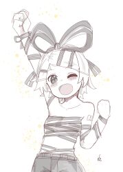Rule 34 | 1girl, ;d, arm up, bare shoulders, blush, breasts, cheering, chest sarashi, clenched hand, collarbone, fang, greyscale, happy, highres, kagamine rin, looking at viewer, monochrome, naked ribbon, number tattoo, one eye closed, open mouth, ribbon, sarashi, shorts, shoulder tattoo, signature, sketch, skin fang, small breasts, smile, solo, sparkling eyes, tattoo, topless, vocaloid, vorusan (volver39)