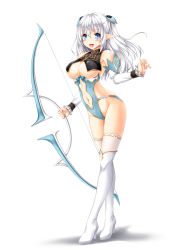 Rule 34 | 1girl, altina (shining blade), bare shoulders, blue eyes, blush, boots, bow (weapon), breasts, cleavage, commission, detached collar, detached sleeves, hair between eyes, hair ornament, highres, holding, holding bow (weapon), holding weapon, kamiya tomoe, long hair, looking at viewer, medium breasts, navel, open mouth, pixiv commission, pointy ears, shining (series), shining blade, sidelocks, silver hair, simple background, solo, thigh boots, thighhighs, weapon, white background
