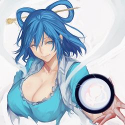 Rule 34 | 1girl, blue dress, blue eyes, blue hair, breasts, cleavage, collarbone, commentary request, cropped torso, dress, embryo, grey background, hair between eyes, hair ornament, hair rings, hair stick, highres, huge breasts, kaku seiga, looking at viewer, nuppehofu (nibuta), puffy short sleeves, puffy sleeves, shawl, short hair, short sleeves, simple background, smile, solo, touhou, upper body, vest, white vest