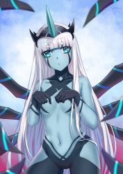 Rule 34 | 001 (darling in the franxx), 10s, 1girl, :o, blue background, blue eyes, blue skin, blunt bangs, blush, chestnut mouth, colored skin, cowboy shot, darling in the franxx, dated, extra arms, fang, highres, horns, long hair, looking at viewer, navel, satomi (745684552), signature, silver hair, single horn, solo, very long hair