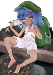 Rule 34 | 1girl, absurdres, backpack, bag, bananannu, barefoot, bloomers, blue eyes, blue hair, blush, collarbone, flat cap, green hat, hair between eyes, hair bobbles, hair ornament, hat, highres, ice, kawashiro nitori, medium hair, mosquito coil, open mouth, sitting, soaking feet, solo, tan, tanline, touhou, towel, underwear, water, white bloomers