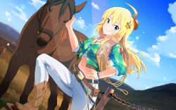 Rule 34 | 161803393 (artist), 1girl, belt, blonde hair, blue sky, brown belt, brown footwear, closed mouth, cloud, day, dutch angle, floating hair, green eyes, hair between eyes, hair ornament, highres, horse, hoshii miki, idolmaster, idolmaster (classic), lens flare, long hair, looking at viewer, midriff, navel, outdoors, pants, sky, sleeves rolled up, smile, star (symbol), star hair ornament, stomach, white pants