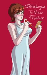 Rule 34 | 1girl, blush, dc comics, dress, earrings, female focus, flash (series), green eyes, highres, iris west, jewelry, justice league: the new frontier, long hair, necklace, notepad, pencil, red hair, ring, solo, vitamins si