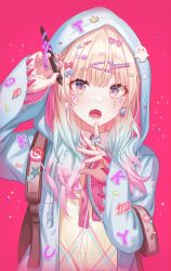 Rule 34 | 1girl, :3, absurdres, arm up, backpack, bag, blonde hair, blush, commentary request, copyright request, earrings, fangs, green eyes, grey hair, hair ornament, hairclip, hand up, heart, heart hair ornament, highres, holding, holding pen, hood, hood up, jacket, jewelry, long hair, long sleeves, looking at viewer, multicolored hair, nail polish, open clothes, open jacket, open mouth, pen, pin, pink background, pink hair, pink nails, ring, solo, tokkyu, upper body