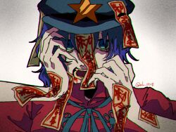 Rule 34 | 1girl, bags under eyes, blue eyes, blue hat, cabbie hat, chinese clothes, commentary request, fingernails, grey ribbon, hands on own face, hat, hat ornament, jiangshi, miyako yoshika, neck ribbon, ofuda, ofuda on clothes, open mouth, purple hair, raya (uk 0128), red shirt, ribbon, shirt, short hair, short sleeves, solo, star (symbol), star hat ornament, tangzhuang, touhou, twitter username, white background