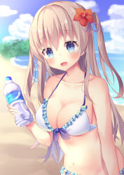 Rule 34 | 1girl, :d, absurdres, bad id, bad pixiv id, bare arms, bare shoulders, bikini, blue eyes, blue sky, blurry, blurry background, bottle, breasts, cleavage, cloud, cloudy sky, collarbone, commentary request, day, depth of field, flower, frilled bikini, frills, front-tie bikini top, front-tie top, hair between eyes, hair flower, hair ornament, hair ribbon, highres, holding, holding bottle, light brown hair, long hair, medium breasts, navel, open mouth, original, outdoors, purple ribbon, red flower, ribbon, sky, smile, solo, swimsuit, tsuruse, two side up, very long hair, water bottle, white bikini