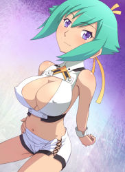 Rule 34 | 10s, 1girl, aquarion (series), aquarion evol, breasts, cleavage, cleavage cutout, clothing cutout, green hair, large breasts, meow (nekodenki), midriff, navel, purple eyes, short hair, short shorts, shorts, solo, zessica wong