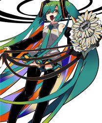 Rule 34 | 1girl, aqua eyes, aqua hair, aqua necktie, bare shoulders, black ribbon, black skirt, black sleeves, black thighhighs, bouquet, collared shirt, detached sleeves, feet out of frame, flower, from below, grey flower, grey shirt, hair between eyes, hair ornament, hatsune miku, headset, heterochromia, holding, holding bouquet, holding flower, holding ribbon, long bangs, long hair, long sleeves, looking at viewer, machigami yoh, miniskirt, multicolored hair, necktie, open mouth, orange eyes, ribbon, shirt, simple background, skirt, sleeveless, sleeveless shirt, sleeves past wrists, solo, standing, sunflower, thighhighs, twintails, very long hair, vocaloid, white background, zettai ryouiki