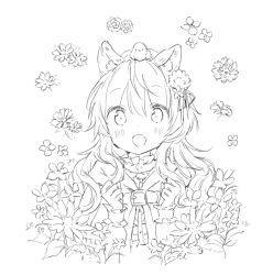 Rule 34 | 1girl, :d, animal, animal ear fluff, animal ears, animal on head, bird, blush, capelet, center frills, commentary request, fang, floral background, flower, frills, greyscale, hair between eyes, hair flower, hair ornament, hair ribbon, hands up, hood, hood down, hooded capelet, long hair, long sleeves, looking at viewer, monochrome, on head, open mouth, original, ribbon, shirt, simple background, sleeves past wrists, smile, solo, upper body, wataame27, white background, wolf-chan (wataame27), wolf ears