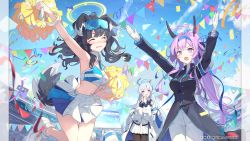Rule 34 | 3girls, animal ears, black hair, blue archive, blue sky, breasts, cheerleader, cleavage, closed eyes, cloud, confetti, crop top, day, dog ears, dog girl, dog tail, gloves, goggles, goggles on head, grey hair, halo, headgear, hibiki (blue archive), hibiki (cheer squad) (blue archive), highres, holding, holding pom poms, kodamazon, large breasts, logo, long hair, long sleeves, medium breasts, midriff, millennium cheerleader outfit (blue archive), multiple girls, noa (blue archive), official art, open mouth, outdoors, pleated skirt, pom pom (cheerleading), pom pom (clothes), pom poms, ponytail, purple eyes, purple hair, skirt, sky, stadium, tail, utaha (blue archive), utaha (cheer squad) (blue archive), very long hair, white gloves, white skirt