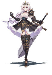 Rule 34 | 1girl, armor, armored boots, armored dress, black choker, black footwear, black skirt, black thighhighs, blue eyes, boots, choker, doren, garter straps, gauntlets, greatsword, greaves, hair ornament, hand up, highres, holding, holding sword, holding weapon, long hair, looking at viewer, original, pauldrons, ponytail, shadow, shirt, shoulder armor, simple background, skirt, solo, standing, sword, thigh boots, thighhighs, underbust, weapon, white background, white hair, white shirt