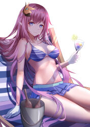 Rule 34 | 1girl, absurdres, bare shoulders, beach chair, bikini, blue bikini, blue eyes, bottle, breasts, commentary, cup, elf, elysia (honkai impact), elysia (miss pink elf) (honkai impact), food, fruit, gloves, hair ornament, highres, holding, holding cup, honkai (series), honkai impact 3rd, lemon, lemon slice, long hair, looking at viewer, midriff, navel, pink hair, pink pupils, pointy ears, sitting, sitting on object, smile, solo, swimsuit, thighs, tnan, very long hair, white background, white gloves, wine bottle