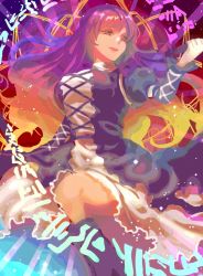 1girl arm_up black_dress black_footwear blonde_hair boots breasts brown_hair dress hand_up hijiri_byakuren kotonoman long_hair long_sleeves looking_to_the_side medium_breasts multicolored_hair one-hour_drawing_challenge open_mouth purple_hair smile solo touhou white_dress