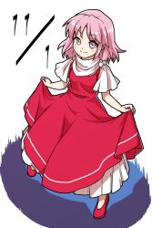Rule 34 | 1girl, closed mouth, commentary request, dress, full body, itani illust, pink eyes, pink hair, red dress, red footwear, sara (touhou), short sleeves, smile, solo, standing, touhou, touhou (pc-98)