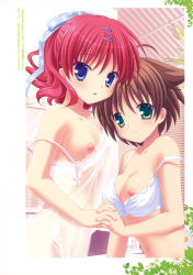 Rule 34 | 2girls, absurdres, babydoll, blue eyes, bow, bow bra, bra, bra pull, breast slip, breasts, brown hair, clothes pull, green eyes, hair bow, holding hands, highres, image sample, lingerie, marguerite sphere, midorikawa nanohana, multiple girls, nipple slip, nipples, one breast out, ooura mio, pink hair, small breasts, strap slip, underwear, white bra, yuyi