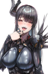 1girl :d absurdres behemoth_(nikke) black_hair black_nails blush breasts drooling goddess_of_victory:_nikke highres horns jindogod large_breasts long_hair looking_at_viewer open_mouth red_eyes simple_background single_horn smile solo teeth tongue white_background