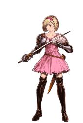 Rule 34 | 10s, 1girl, alpha transparency, blonde hair, bob cut, boots, brown eyes, brown footwear, brown thighhighs, djeeta (granblue fantasy), dress, fighter (granblue fantasy), full body, gauntlets, granblue fantasy, hairband, juliet sleeves, long sleeves, minaba hideo, official art, pink dress, puffy sleeves, scabbard, sheath, short hair, solo, sword, thigh boots, thighhighs, transparent background, weapon, zettai ryouiki