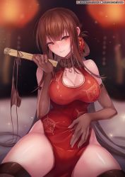 Rule 34 | 1girl, bare shoulders, black panties, blunt bangs, blush, breasts, bridal gauntlets, brown hair, brown thighhighs, china dress, chinese clothes, cleavage, cleavage cutout, closed mouth, clothing cutout, collarbone, dress, dsr-50 (girls&#039; frontline), dsr-50 (red peony) (girls&#039; frontline), elbow gloves, flower, folded fan, folding fan, girls&#039; frontline, gloves, groin, hair flower, hair ornament, half-closed eyes, hand fan, hand on own stomach, head tilt, highres, holding, holding fan, lace, large breasts, light particles, long hair, looking at viewer, official alternate costume, panties, rebe11, red dress, red eyes, shoes, side-tie panties, side slit, sidelocks, sitting, smile, solo, studs, thighhighs, thighs, underwear, unworn panties, unworn underwear