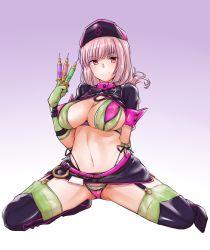 Rule 34 | 1girl, alice r 3, bad id, bad pixiv id, belt, bikini, black footwear, boots, braid, breasts, fate/grand order, fate (series), florence nightingale (fate), florence nightingale (trick or treatment) (fate), full body, garter straps, gloves, green gloves, green thighhighs, hat, large breasts, layered bikini, long hair, looking at viewer, microskirt, multicolored bikini, multicolored clothes, nurse cap, official alternate costume, pink hair, pussy, red eyes, revealing clothes, see-through, short sleeves, shrug (clothing), side-tie bikini bottom, sitting, skirt, solo, spread legs, stethoscope, swimsuit, syringe, thigh boots, thighhighs, wariza