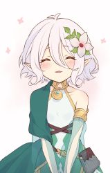 Rule 34 | 1girl, ^ ^, blush, closed eyes, diieru, elf, eyebrows hidden by hair, flower, hair between eyes, hair flower, hair ornament, highres, kokkoro (princess connect!), looking at viewer, open mouth, pointy ears, princess connect!, short hair, skirt, sleeveless, smile, solo, white hair