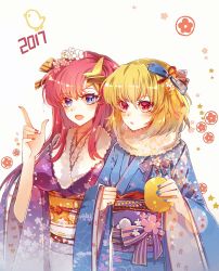 Rule 34 | 2017, 2girls, :d, alternate costume, bad id, bad pixiv id, baocaizi, blonde hair, blue eyes, blue nails, blush, bow, breasts, floral print, flower, fur, furisode, gundam, gundam seed, gundam seed destiny, hair bow, hair flower, hair ornament, happy new year, highres, japanese clothes, kimono, long hair, medium breasts, meer campbell, multiple girls, nail polish, nengajou, new year, obi, open mouth, parted lips, pink hair, red eyes, red nails, sash, sidelocks, small breasts, smile, star (symbol), star hair ornament, stellar loussier, upper body, wide sleeves