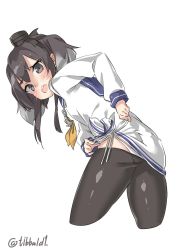 Rule 34 | 10s, 1girl, anchor, ass, bad id, bad twitter id, black eyes, black hair, black pantyhose, blush, chain, cowboy shot, cropped legs, dress, ebifurya, eyebrows, from side, hat, highres, inactive account, kantai collection, leaning forward, long sleeves, looking at viewer, looking back, lowleg, lowleg pantyhose, mini hat, multicolored hair, neckerchief, open mouth, panties, pantyhose, sailor dress, short hair with long locks, side-tie panties, simple background, solo, tied dress, tokitsukaze (kancolle), twitter username, two-tone hair, tying, tying panties, underwear, white background, white panties
