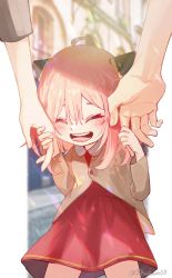 Rule 34 | 00kashian00, 1boy, 2girls, ahoge, anya (spy x family), blush, buttons, child, closed eyes, collared dress, commentary, dress, eyelashes, fingernails, hair ornament, happy, highres, holding hands, long sleeves, medium hair, multiple girls, open mouth, pink dress, pink hair, spy x family, standing, teeth, tongue, twilight (spy x family), twitter username, upper teeth only, wing collar, yor briar