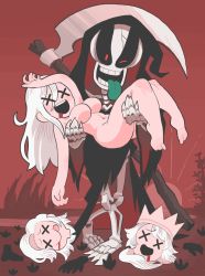 Rule 34 | 1other, 3girls, black sclera, bone, breasts, colored sclera, completely nude, crown, death (entity), gashi-gashi, grim reaper, highres, looking at viewer, medium breasts, multiple girls, navel, no nose, nude, open mouth, original, red eyes, red theme, scythe, smile, tongue, tongue out, weapon, weapon on back, x x
