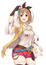 Rule 34 | 1girl, :d, atelier (series), atelier ryza, atelier ryza 1, belt, breasts, brown eyes, brown gloves, brown hair, cat-quest-sun, cleavage, collarbone, commentary request, gloves, hair ornament, hairclip, hand up, hat, highres, jewelry, medium breasts, navel, necklace, open mouth, red shorts, reisalin stout, short hair, short shorts, shorts, simple background, single glove, smile, solo, star (symbol), star necklace, teeth, test tube, thighhighs, thighs, upper teeth only, white background, white hat, white thighhighs
