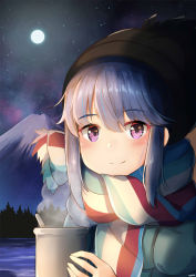 Rule 34 | 1girl, beanie, black hat, blue hair, blush, closed mouth, commentary request, full moon, green jacket, hair between eyes, hat, holding, jacket, lake, moon, mount fuji, night, night sky, outdoors, purple eyes, scarf, shima rin, sky, smile, solo, steam, sylphine, water, yurucamp
